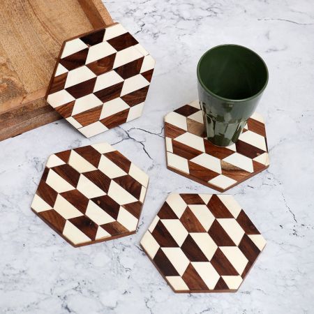 Hexagon Shaped Decorative Wooden Coasters - Pack of 4